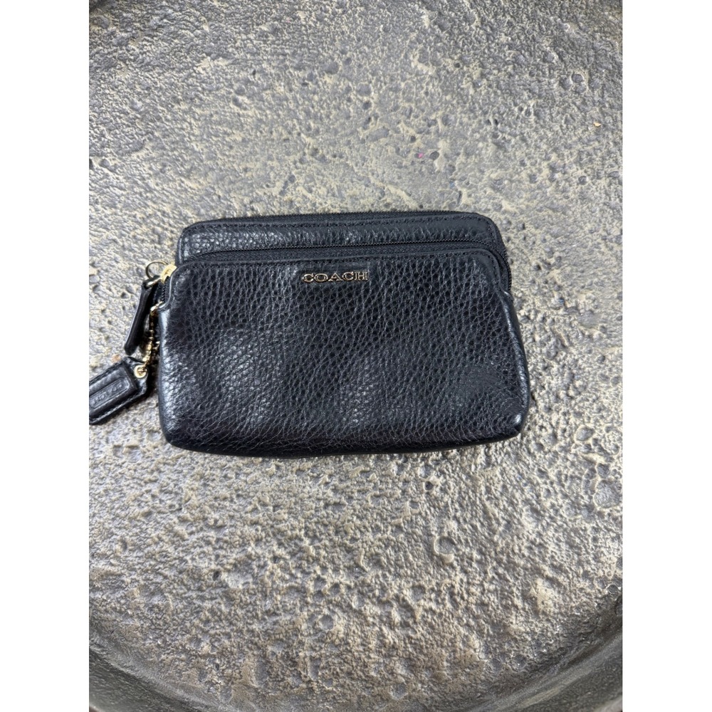 Coach Double Zip Wristlet Black Pebbled Leather Gold Hardware Small Pouch Bag